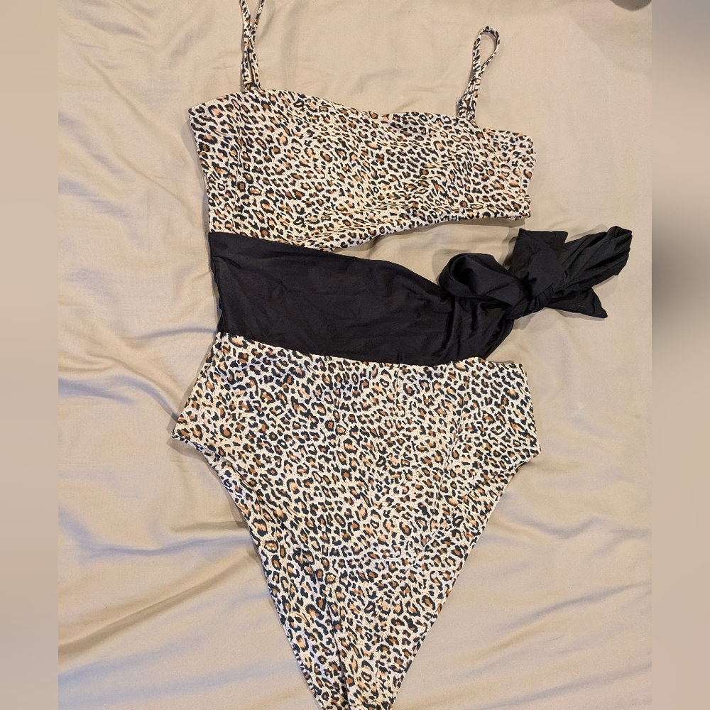 Kittenish You're A Bad Beach Leopard Print One-Piece Swimsuit with Black Accent